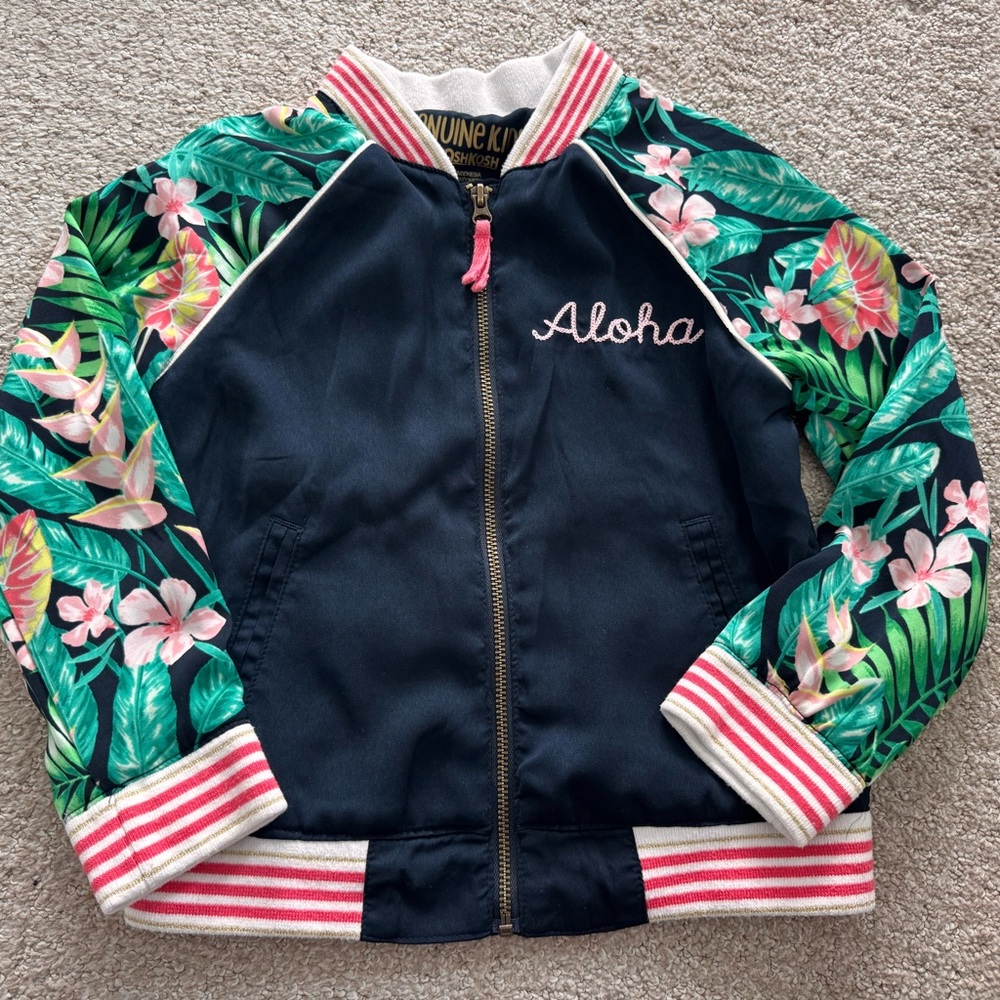 Aloha Hawaii Embroidered Navy & Floral Full Zip Light Bomber Jacket Girls 4T